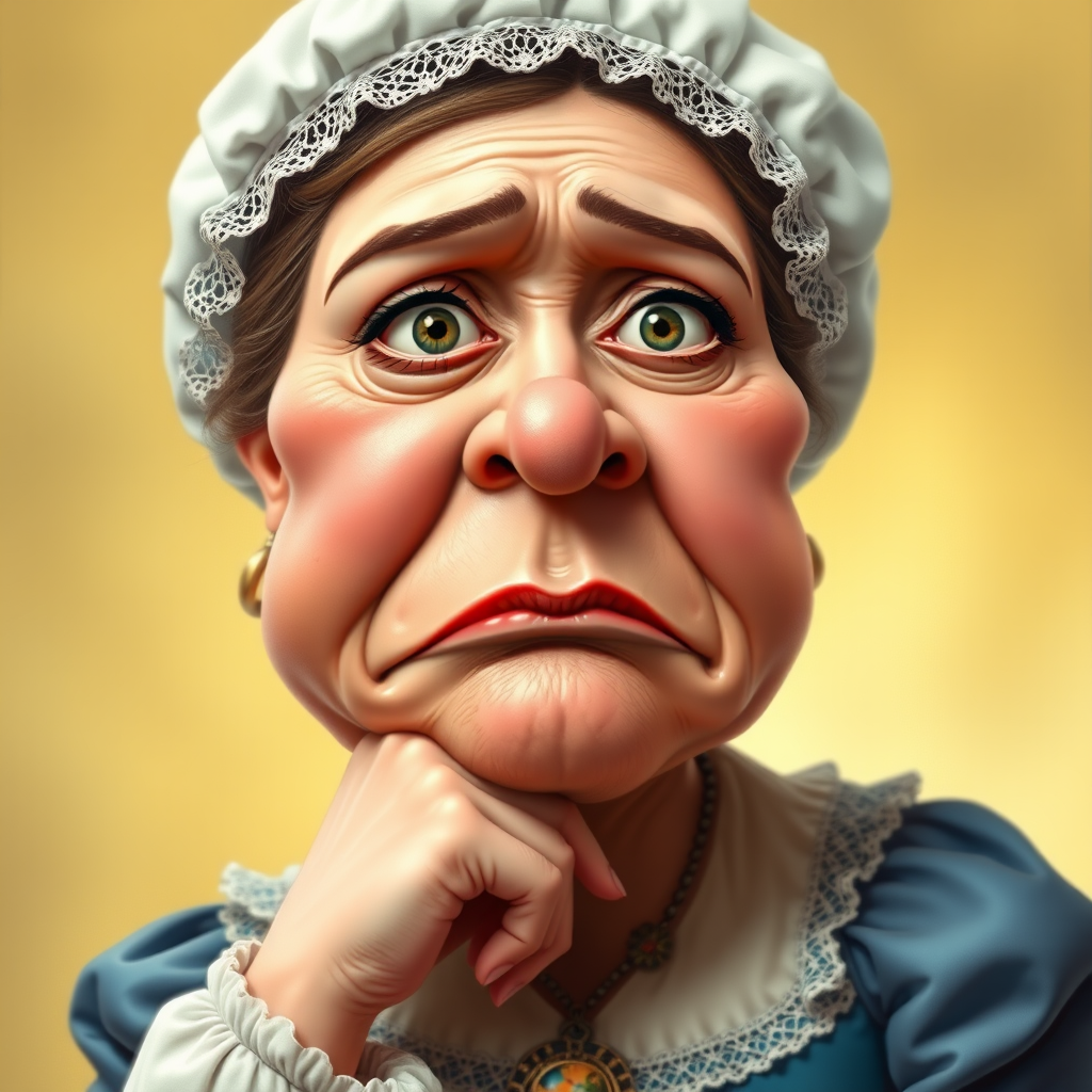 The image is a caricature of a woman with exaggerated features. She is wearing a white bonnet with lace trim and a white blouse with a blue bodice. She is leaning her chin on her hand with a bored or tired expression. Her lips are full and pouty, her cheeks are round and puffy, and her eyes are wide and slightly crossed. Her nose is long and thin, and her brows are furrowed. She is wearing a necklace with a large, ornate pendant. The background is a soft, blurry yellow. The overall effect is humorous and slightly grotesque.
