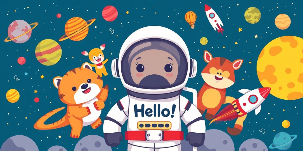 Regenerate a colorful cartoon-style illustration of an astronaut with animal friends in a space theme, featuring planets, rockets, and asteroids, with the text "Hello!" at the center, using a Canon EOS R5 camera, ISO 100, aperture f/4, shutter speed 1/125s, with a wide-angle lens for a vibrant and playful composition.