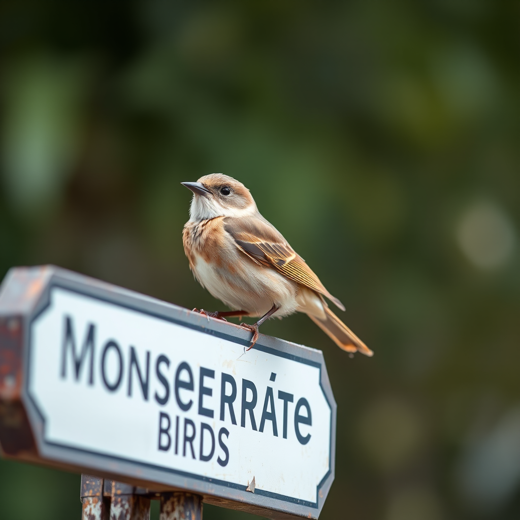 Capture a close-up of a bird perched on a sign for Monserrate Birds, with the background slightly blurred to emphasize the bird, use a Canon EOS R5, 85mm lens, aperture f/2.8, ISO 100, with natural lighting in soft focus.