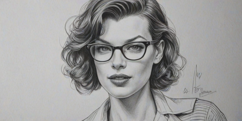 Bewitching Milla Jovovich, pencil sketch, portrait of Ravishing woman 1943s in glasses, hair style beatnik, outline, clear lines, fine lines, 8k