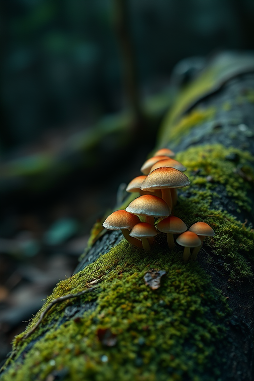 Capture a close-up shot of mushrooms growing on a moss-covered log in a dark forest setting, using a DSLR camera with a 50mm lens, aperture f/2.8, ISO 200, 1/100 sec exposure, macro focus, natural lighting for enhanced image quality.