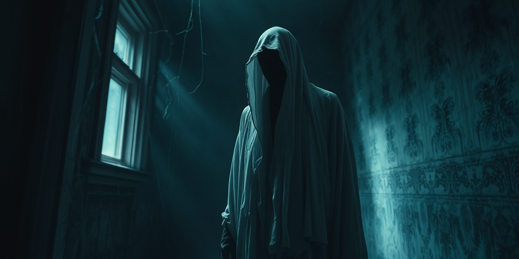 Haunting figure draped in tattered white cloth standing in a dimly lit, dusty old room with cobwebs and faded wallpaper, eerie atmosphere, soft focus, 35mm lens, f/2.8 aperture, ISO 400, low light conditions, depth of field focus on the figure, cinematic style, digital camera.