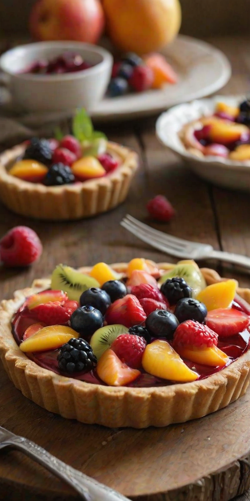 Warmly lit photo of a colorful fruit tart on a rustic wooden table, with soft natural light highlighting the glossy fruit and a fork resting beside it.