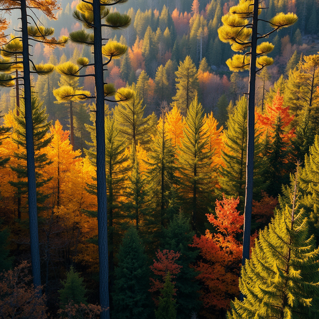 regenerate the image of a forest with a variety of coniferous trees in autumn colors, golden sunlight filtering through the branches, taken with a DSLR camera at f/8 aperture, ISO 200, 1/250 second shutter speed, with a wide-angle lens, shot from a high angle view to capture the depth of the forest, in vibrant detail and rich colors.