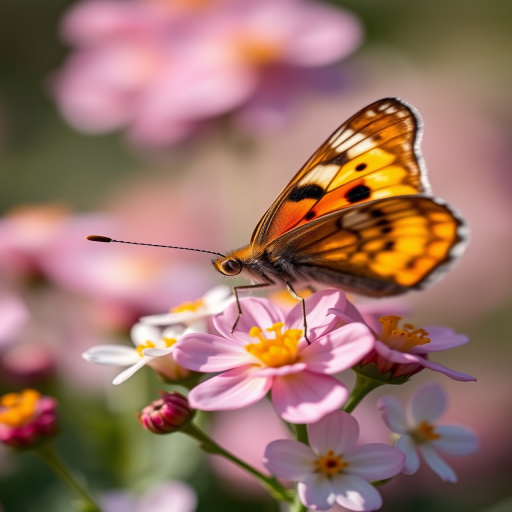 Close-up macro photograph of a butterfly perched on blooming flowers, shallow depth of field, soft bokeh background, natural lighting, ISO 100, aperture f/2.8, shutter speed 1/200s, mounted on a DSLR camera with a 100mm macro lens.