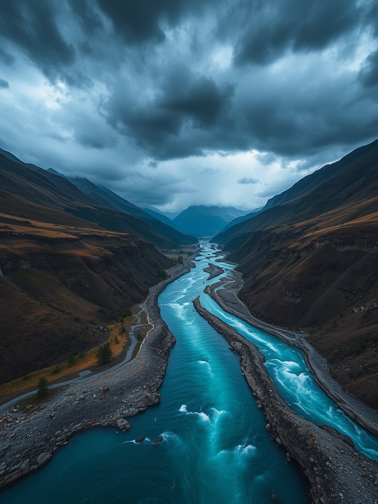 Create a dramatic landscape image of a river flowing through a valley surrounded by mountains under a stormy sky with lightning, use a Canon EOS R5 camera, set aperture to f/8, shutter speed to 1/200s, ISO 100, with a wide-angle lens at 24mm, and capture from a high vantage point to enhance depth and detail in the scene.