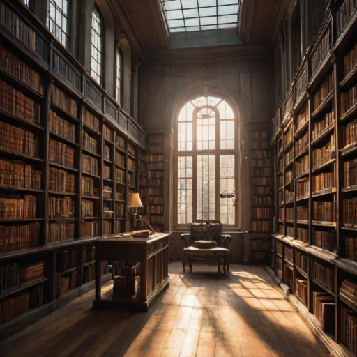 Quiet library filled with towering shelves of books, the scent of old paper and leather binding lingering in the air, with sunlight streaming through tall windows.