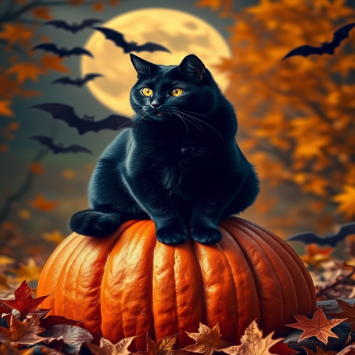 Create a vibrant autumn scene featuring a black cat perched on a pumpkin with bats flying around, a large moon in the background, captured with a DSLR camera, aperture f/2.8, ISO 100, focal length 50mm, in a portrait view, using a warm color palette to enhance the richness of fall foliage.