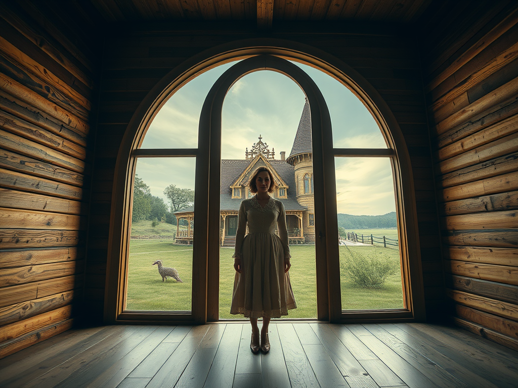 Create a surreal image of a woman in vintage attire standing in a wooden room with a large arched door leading to a fantastical landscape featuring a whimsical house, soft dramatic lighting, Fujifilm X-T4, 35mm lens, f/1.8 aperture, ISO 200, capture from eye level for enhanced depth and texture.