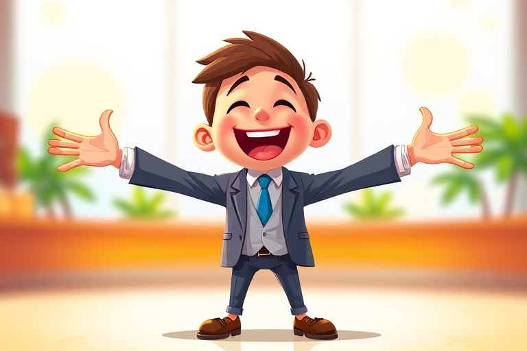 Create a vibrant, cartoonish illustration of a character in a suit, standing with arms outstretched and mouth open in a joyful expression, captured with a DSLR camera at f/2.8 aperture, 50mm lens, ISO 100, soft focus background, and bright lighting to enhance colors and details.