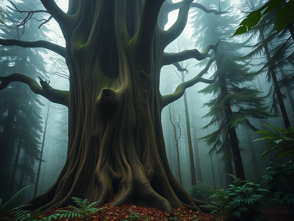 capture a majestic ancient tree in a misty forest, deep focus, ISO 100, f/8, 1/125 sec, wide-angle lens, soft natural light, DSLR