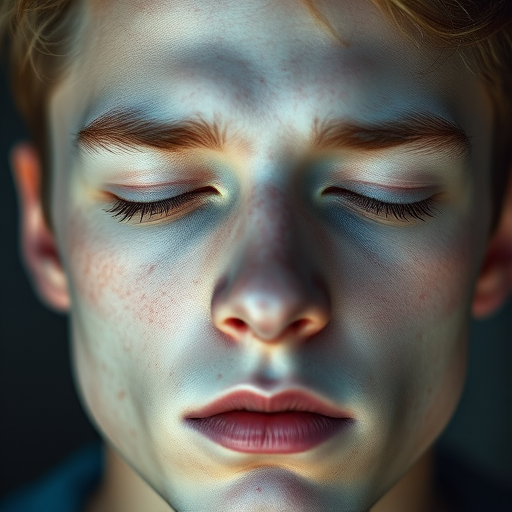 Create a hyper-realistic portrait of a young man with closed eyes, expressing deep emotion, with ethereal, fluid textures resembling melting wax, soft diffused lighting, macro lens, aperture f/1.8 for shallow depth of field, ISO 100, focus on facial details, captured with a DSLR camera.