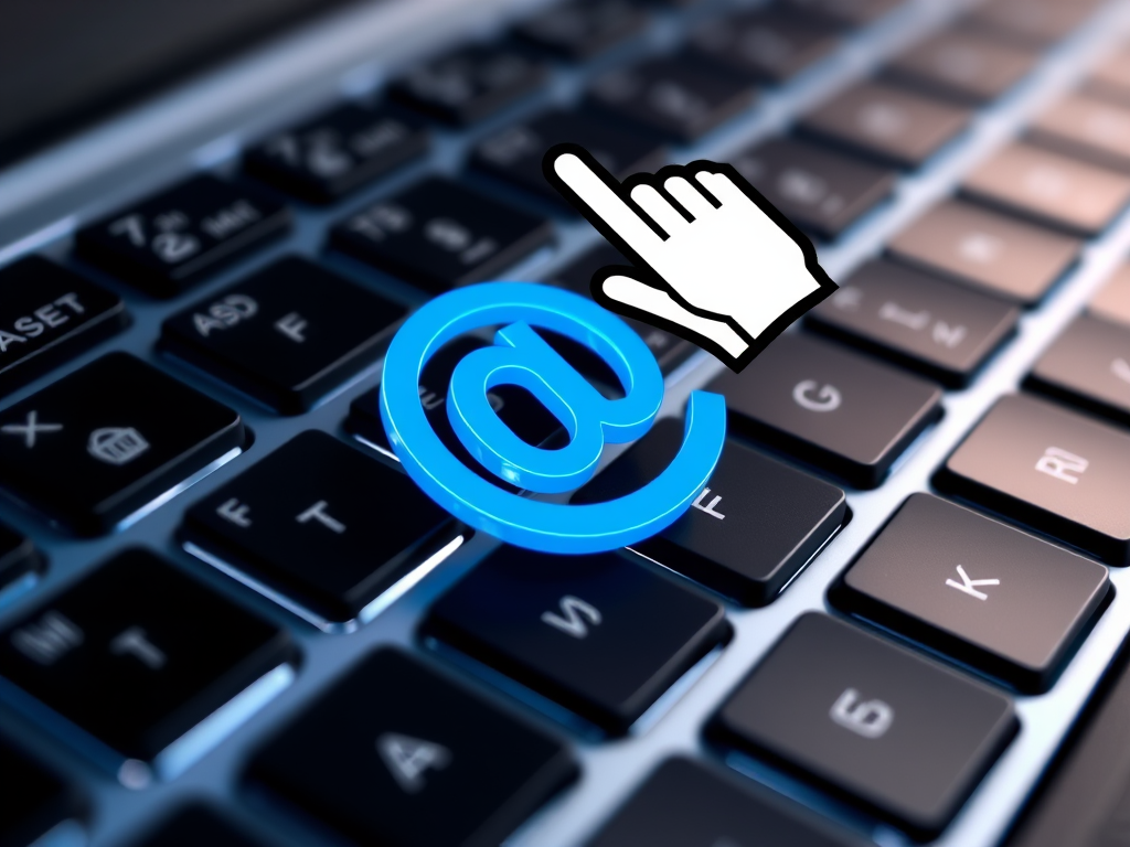create a high-resolution image of a close-up view of a computer keyboard with a prominent blue 3D at symbol in the center, a hand cursor hovering above it, captured with a DSLR camera at f/2.8 aperture, ISO 100, and a 50mm lens, using a soft focus background effect to enhance visual quality.