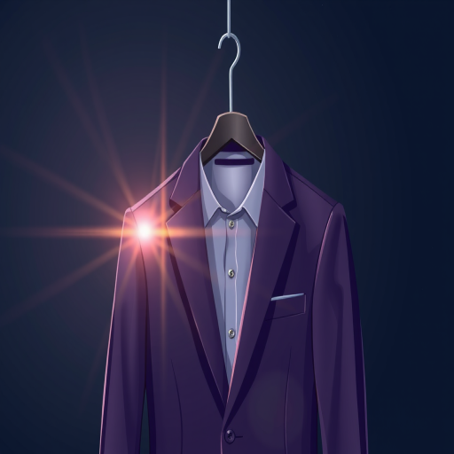Create a high-resolution digital illustration of a suit hanging on a hanger with a sparkling effect, shot from a front view using a DSLR camera at f/1.8 aperture, ISO 100, and a matte finish for enhanced clarity and depth in colors.