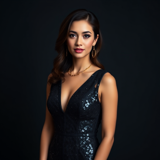 portrait of a woman in a sparkling black dress with elegant accessories, studio setting with soft lighting, Canon EOS R5, 85mm f/1.2 lens, ISO 100, f/2.8, 1/200s, focus on model with a dark background to enhance contrast