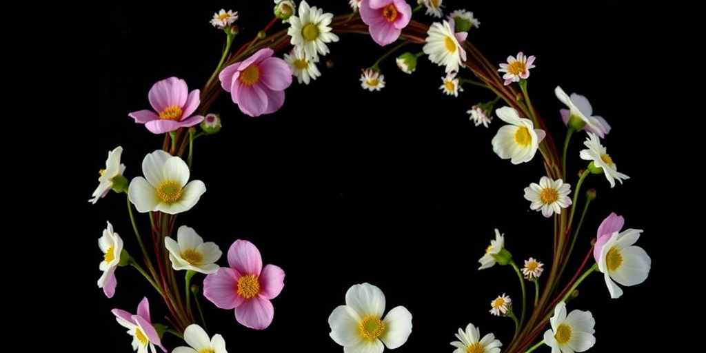 floral wreath on black background, macro lens, f/2.8 aperture, 50mm focal length, natural light, high resolution, digital photography