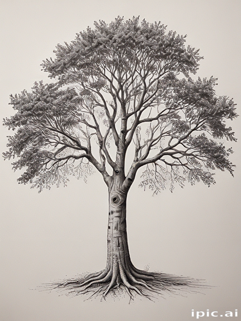 Intricate Black and White Illustration of a Majestic Tree with Detailed ...