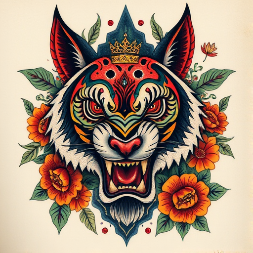 Neo-traditional tattoo called "Savage Beauty" showcasing a fierce animal portrait surrounded by bold, saturated colors and thick outlines, incorporating elements of nature and symbolism