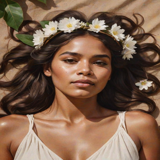 create a watercolor painting of an ethereal portrait of beautiful Aboriginal Australian woman with a simple white flower crown on her head. Her hair is long and she is lying on the ground. The sunlight on the trees casts shadows from the leaves on her face and body. The background is a neutral brown color that matches her skin tone. The image is minimalist and solid colors. This style is characterized by soft, delicate brushstrokes and a light, airy, contrasting color palette. High level of detail and play of light