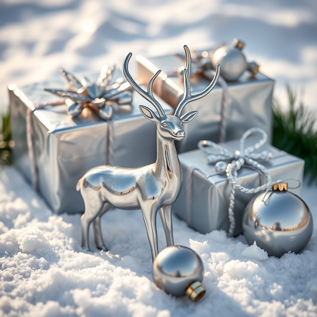Create a high-quality image of a silver reindeer figurine beside wrapped silver gifts and ornaments on snow, shot with a DSLR camera at f/2.8 aperture, 50mm lens, ISO 200, natural light for soft shadows and high detail.