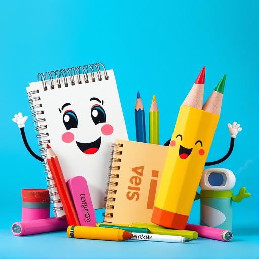 Create a colorful cartoon-style image featuring cheerful stationery characters such as a notepad, colored pencils, and markers, with a bright blue background and playful expressions, captured with a Canon EOS R5 at f/4 aperture, 1/500 second shutter speed, using a wide-angle lens for a vibrant and dynamic composition.