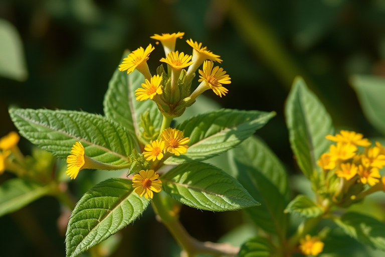 regenerate a detailed illustration of a flowering plant with green leaves and yellow flowers, captured in high resolution with a macro lens, using f/2.8 aperture for a shallow depth of field, in natural light for enhanced color vibrancy, shot from a slightly elevated angle to showcase the plant's structure and details.