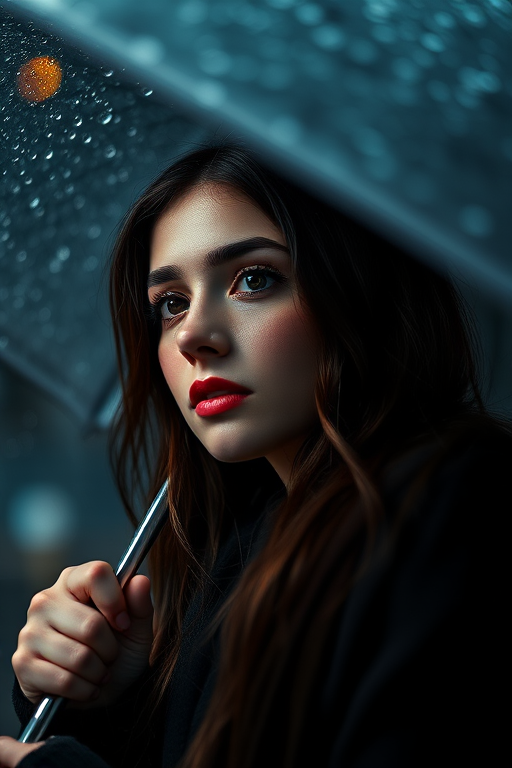 Regenerate a portrait of a woman in the rain holding an umbrella, capturing raindrops glistening on the umbrella, using a Canon EOS R5 with a 50mm f/1.2 lens, aperture set to f/1.8, ISO 100, shutter speed 1/200 sec, low-angle view, shot in soft diffused lighting for dramatic effect, evoke a moody and intimate atmosphere.