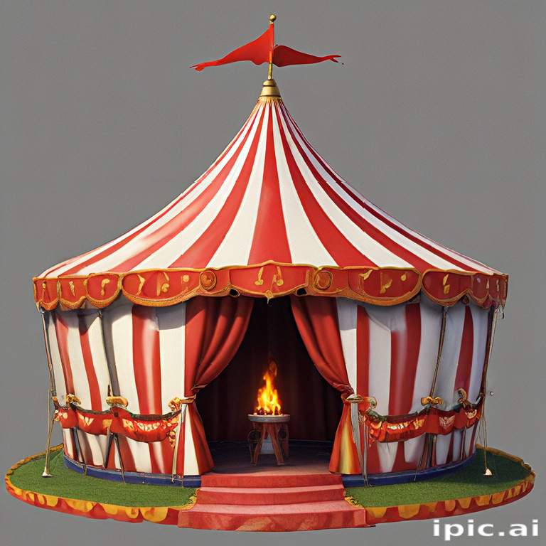 Vibrant Circus Tent with Red and White Stripes and a Fire Pit