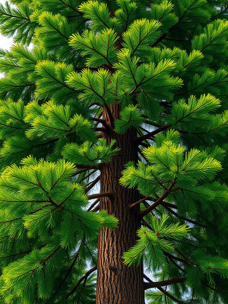 create a highly detailed illustration of a tall evergreen tree with lush green foliage and a textured brown trunk, using a DSLR camera with a 50mm lens, aperture set to f/2.8, ISO 100, and a shallow depth of field for a clear background, emphasizing vibrant colors and realistic shading in a natural setting.
