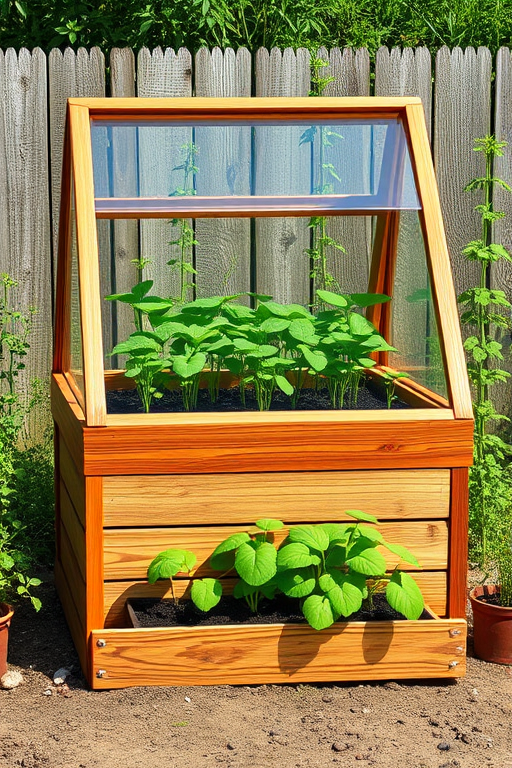 Create a high-resolution digital illustration of a wooden cold frame with a glass top, showing young green plants inside, use a wide-angle lens, f/8 aperture, and natural soft lighting to enhance the image quality.