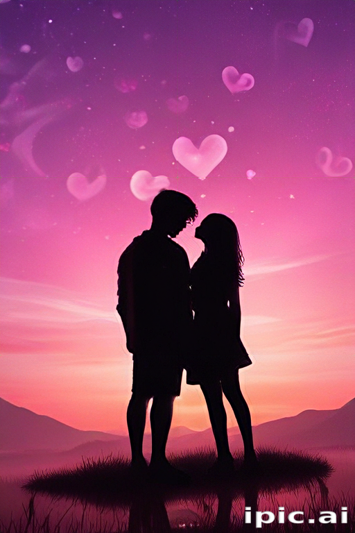Silhouette of a Romantic Couple Embracing Under a Heart-Filled Sunset Sky