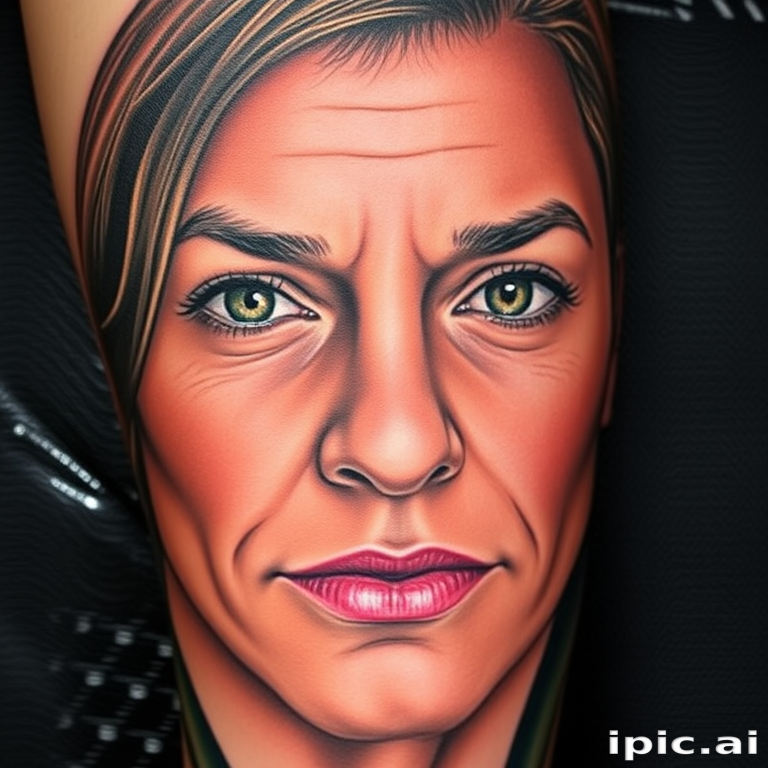 Realistic color portrait tattoo titled "Living Canvas" showcasing photorealistic details of a person's face with lifelike shading and vivid pigments that capture every nuance