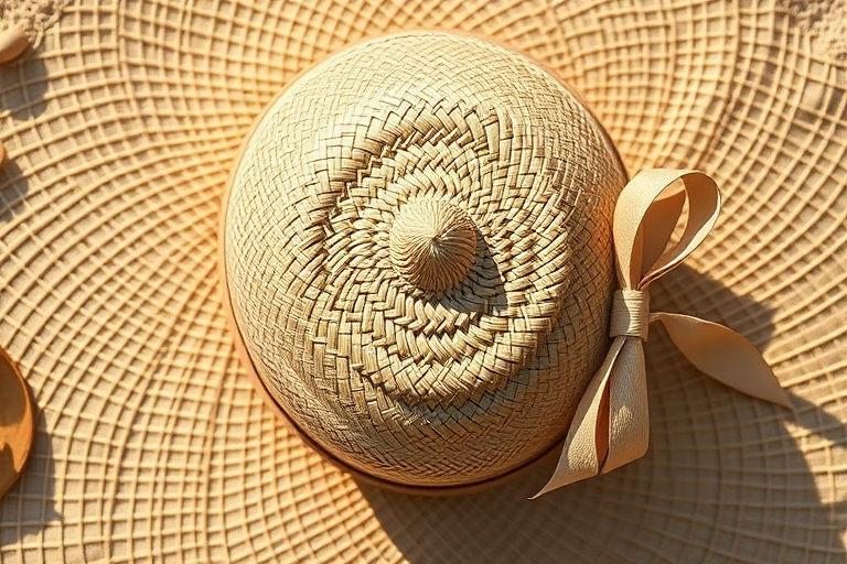 Generate a high-resolution image of a straw sun hat with a wide brim and a ribbon, using a DSLR camera, f/2.8 aperture, ISO 100, 50mm lens, top-down view, natural light for enhanced texture and detail.