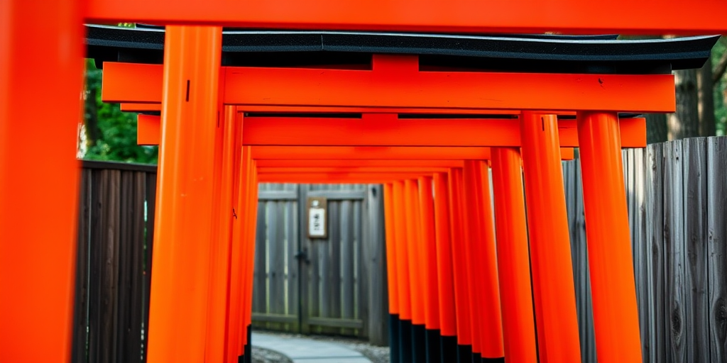 Photograph a close-up of vibrant orange torii gates with black tops, set against a wooden fence, using a DSLR camera with a 50mm lens, aperture f/1.8, ISO 100, and a shallow depth of field to create a soft background blur, capturing the rich colors and textures in natural light.