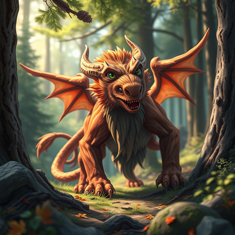 Generate a detailed illustration of a mythical creature in a forest setting, vibrant colors, high detail, sharp focus, using a DSLR camera, 50mm lens, aperture f/1.8, ISO 200, natural lighting, and a shallow depth of field.
