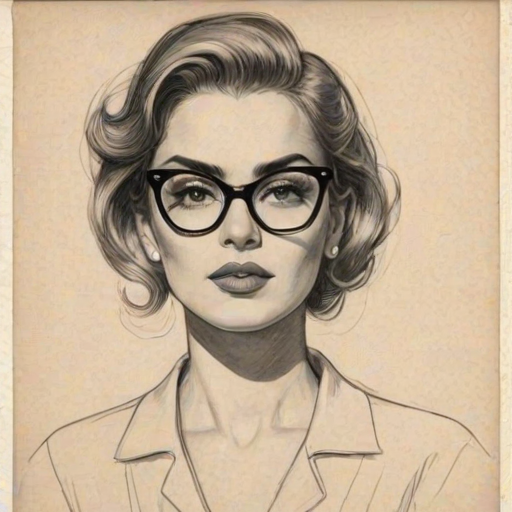 Resplendent JoJo, pencil sketch, portrait of Captivating woman 1957s in glasses, hair style beatnik, outline, clear lines, fine lines, 8k