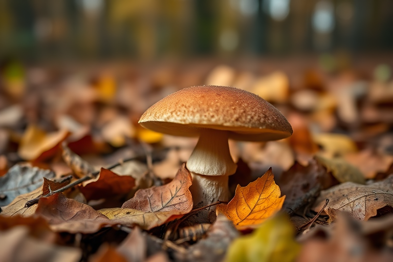 capture a detailed close-up of a brown mushroom surrounded by autumn leaves in a forest setting, shallow depth of field, natural lighting, aperture f/2.8, ISO 100, 50mm lens, DSLR camera, vibrant colors and sharp focus on the mushroom while softly blurring the background