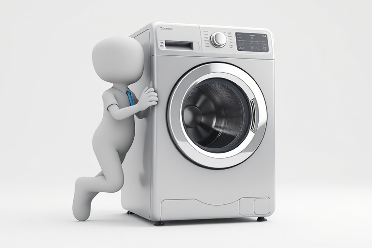 create a 3D render of a cartoonish figure pushing a modern washing machine with a shiny surface, studio lighting, ISO 100, f/8 aperture, 50mm lens, front view, high resolution