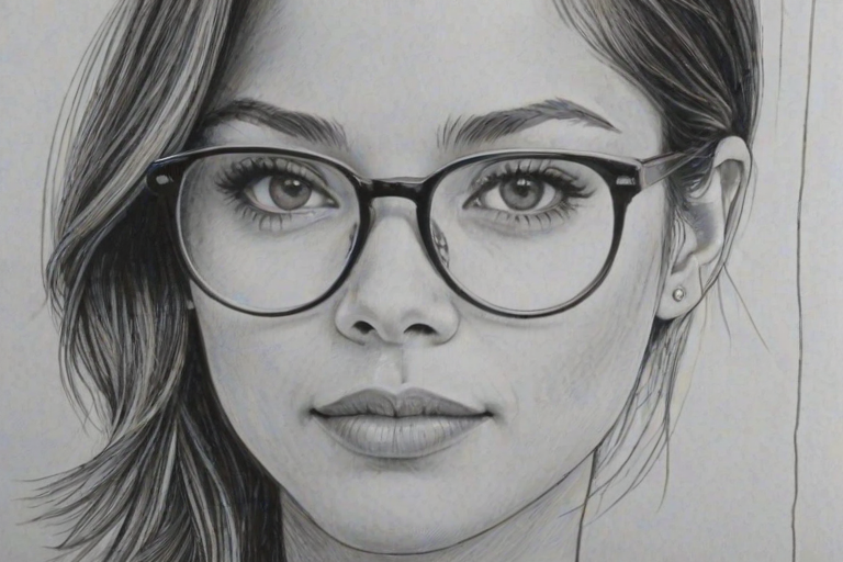 Sublime Kristin Kreuk, pencil sketch, portrait of Beauteous woman 1971s in glasses, hair style beatnik, outline, clear lines, fine lines, 8k