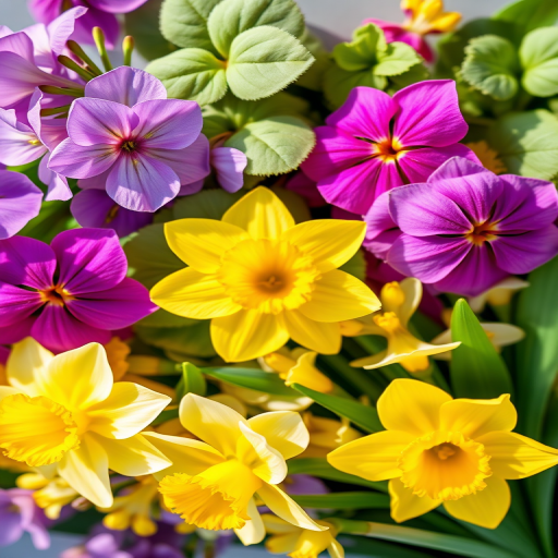 Create a vibrant, high-resolution digital illustration of four distinct flower arrangements including purple violets, pink clovers, yellow daffodils, and white blossoms with green leaves, captured with a Canon EOS 5D Mark IV, 50mm lens, f/2.8 aperture, and a shallow depth of field, using natural light for soft shadow effects.
