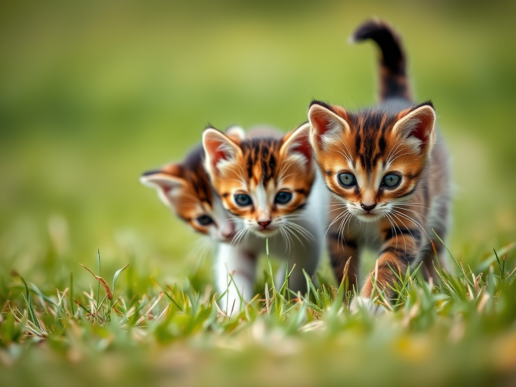 two playful kittens exploring a grassy field with soft focus background, shallow depth of field, 50mm lens, f/2.8 aperture, ISO 200, natural lighting, DSLR camera, front view, high-resolution