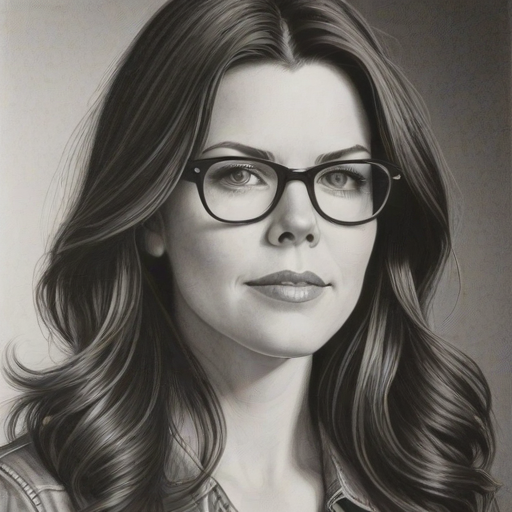 Beauteous Lauren Graham, pencil sketch, portrait of Appealing woman 1970s in glasses, hair style beatnik, outline, clear lines, fine lines, 8k