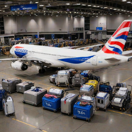 A Tesco Value Airbus at a busy Heathrow terminal, lots of white and blue Tesco value logo branded luggage is discarded around the plane, night