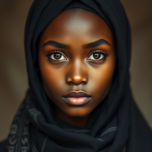 Create a portrait of a young African American female with long, dark hair and captivating hazel eyes. She is wearing a black headscarf and a matching scarf draped gracefully around her neck. The background is softly blurred, focusing attention on her serene and natural expression. The overall color palette is muted and warm, enhancing the intimate and authentic feel of the portrait.