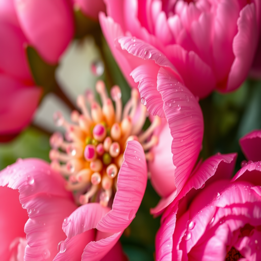 high-resolution close-up shot of pink peonies with water droplets on petals, 50mm lens, aperture f/1.8, ISO 100, natural light, shallow depth of field, DSLR camera