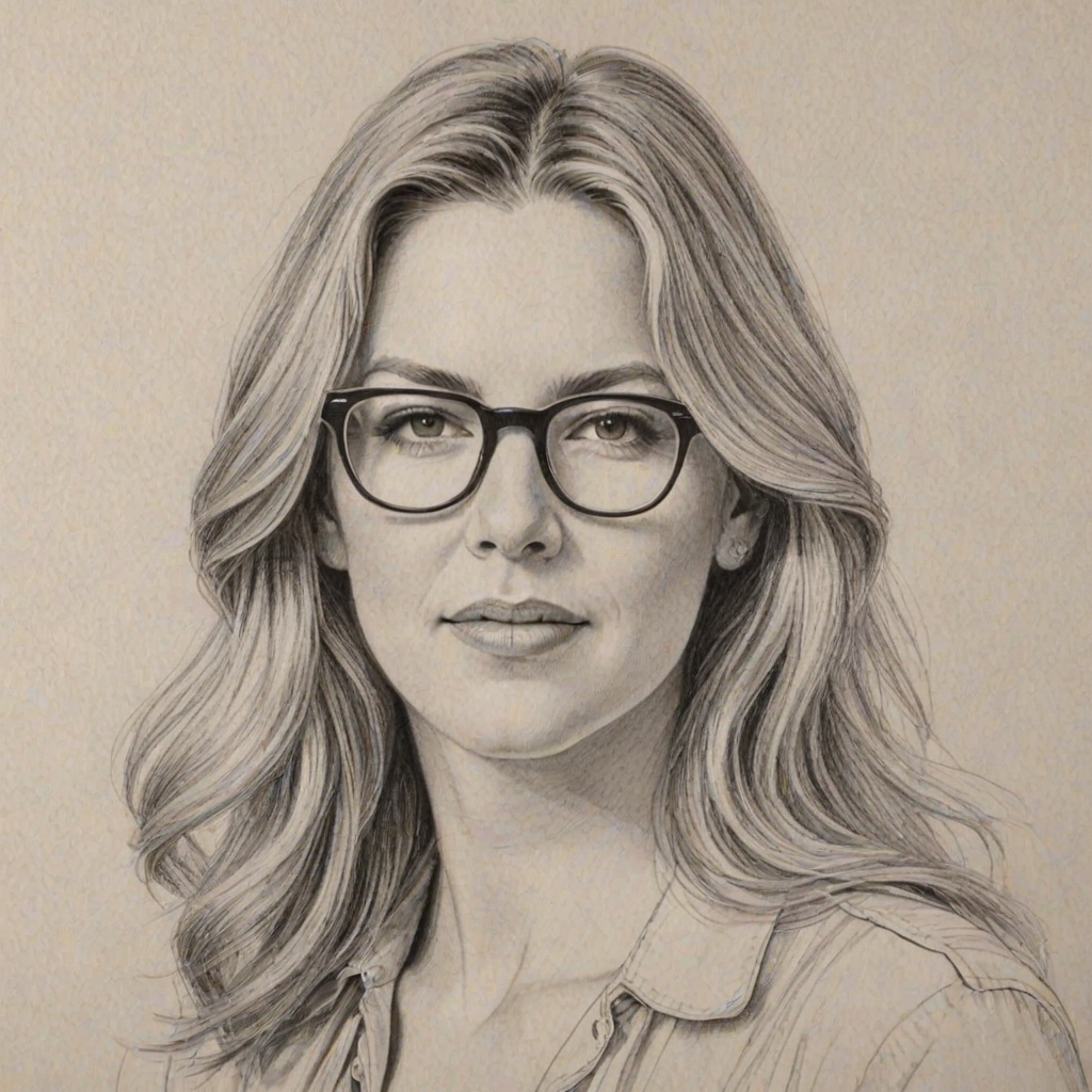 Pleasing Diana Krall, pencil sketch, portrait of Magnificent woman 1974s in glasses, hair style beatnik, outline, clear lines, fine lines, 8k