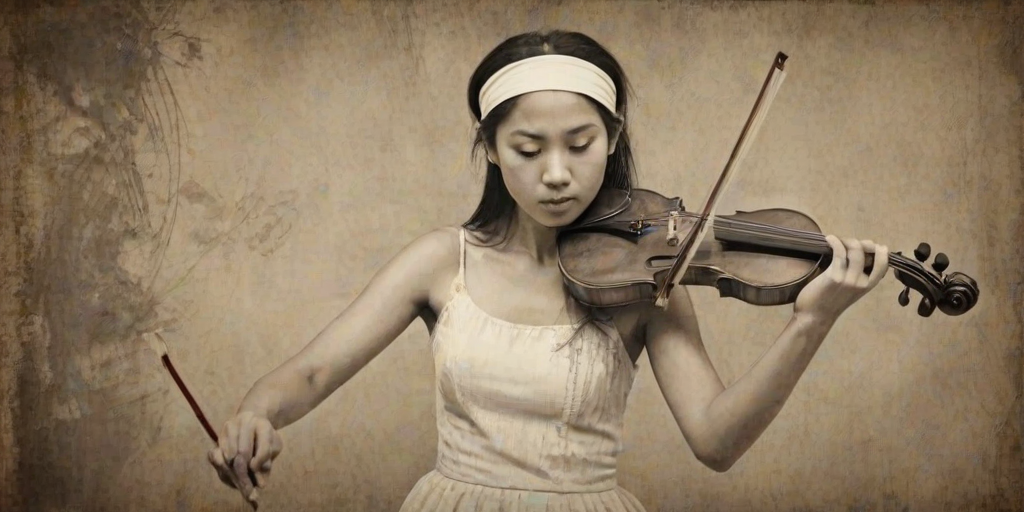 a young Asian woman with a white headband playing a violin, in the style of a charcoal drawing, sepia grunge background