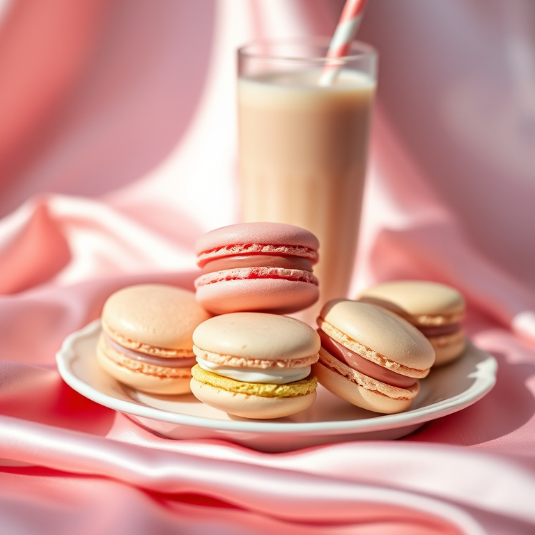 macarons on a plate with a glass of milkshake, soft pink satin fabric backdrop, natural light, f/2.8 aperture, 50mm lens, ISO 100, shutter speed 1/125s, shallow depth of field, soft focus background, warm color tone