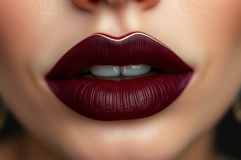 Matte burgundy lips with a velvety texture, named "Midnight Wine," showcasing intricate gold leaf accents along the cupid's bow for added drama