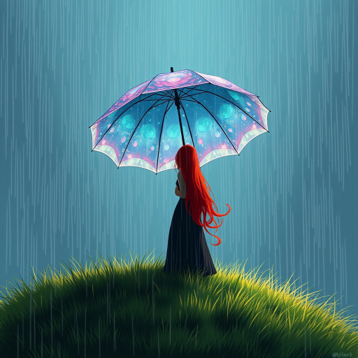 A surreal hand-drawn digital artwork depicting a mysterious red-haired woman standing on a grassy hill under the rain. She holds an umbrella crafted from iridescent zircon, its vibrant sheen contrasting with the soft, rainy atmosphere. The scene feels dreamlike, blending the natural elements of the hill and rain with the otherworldly shimmer of the umbrella.